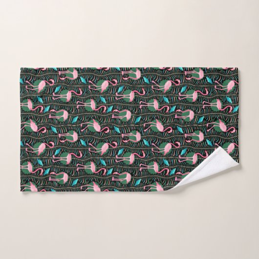 Flamingo Birds 20s Deco Ferns Pattern Black Pink Bad Handdoek (Handdoek)