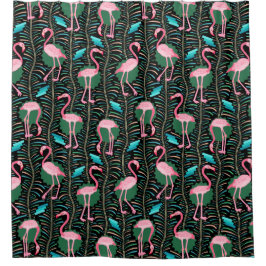Flamingo Birds 20s Deco Ferns Pattern Black Pink Douchegordijn