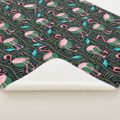 Flamingo Birds 20s Deco Ferns Pattern Black Pink Sherpa Deken (3/4)