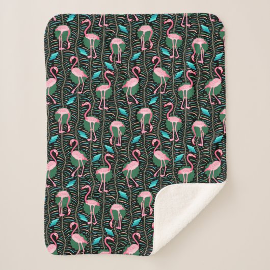 Flamingo Birds 20s Deco Ferns Pattern Black Pink Sherpa Deken (Voorkant)