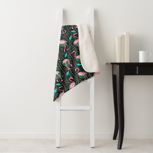 Flamingo Birds 20s Deco Ferns Pattern Black Pink Sherpa Deken (In situ)