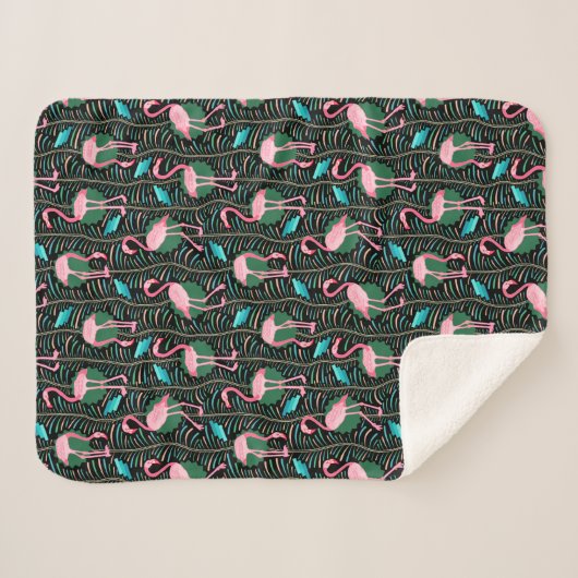 Flamingo Birds 20s Deco Ferns Pattern Black Pink Sherpa Deken (Voorkant (horizontaal))