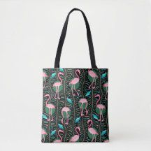Flamingo Birds 20s Deco Ferns Pattern Black Pink