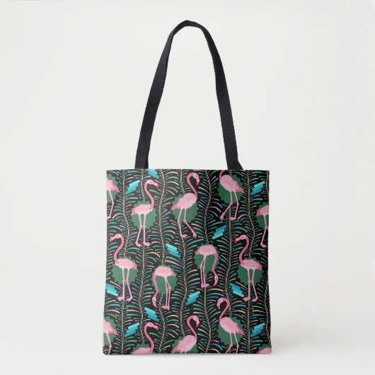 Flamingo Birds 20s Deco Ferns Pattern Black Pink Tote Bag (Voorkant)