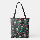 Flamingo Birds 20s Deco Ferns Pattern Black Pink Tote Bag (Achterkant)