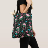 Flamingo Birds 20s Deco Ferns Pattern Black Pink Tote Bag (Dichtbij)