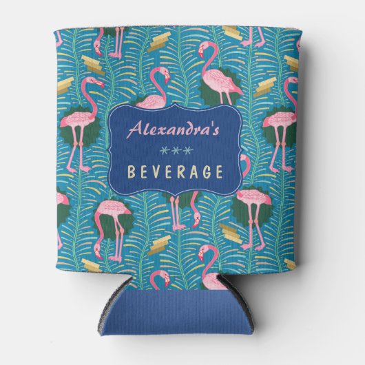 Flamingo Birds 20s Deco Ferns Pattern Blue Custom Blikjeskoeler (Voorkant)