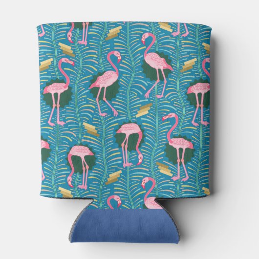 Flamingo Birds 20s Deco Ferns Pattern Blue Custom Blikjeskoeler (Achterkant)