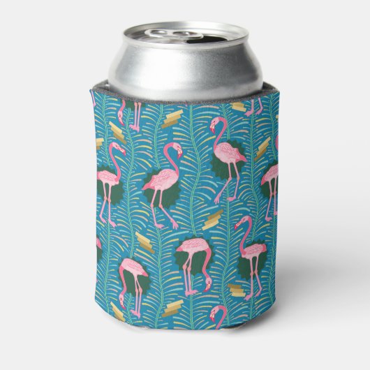 Flamingo Birds 20s Deco Ferns Pattern Blue Custom Blikjeskoeler (Blikje Achterkant)