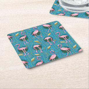 Flamingo Birds 20s Deco Ferns Pattern Blue Gold Kartonnen Onderzetters