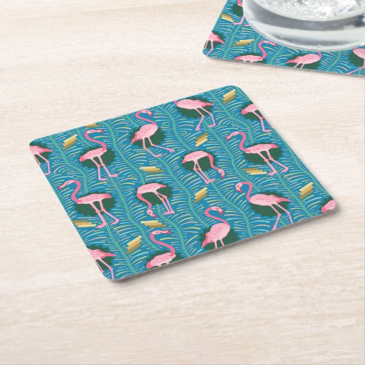 Flamingo Birds 20s Deco Ferns Pattern Blue Gold Kartonnen Onderzetters (Schuin)