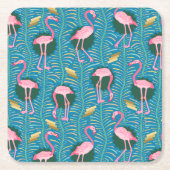 Flamingo Birds 20s Deco Ferns Pattern Blue Gold Kartonnen Onderzetters (Voorkant)