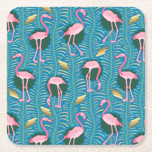 Flamingo Birds 20s Deco Ferns Pattern Blue Gold Kartonnen Onderzetters (Voorkant)