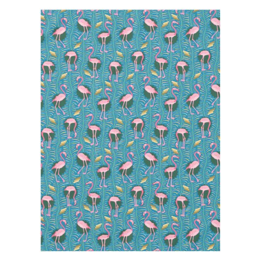 Flamingo Birds 20s Deco Ferns Pattern Blue Gold Tafelkleed (Voorkant)