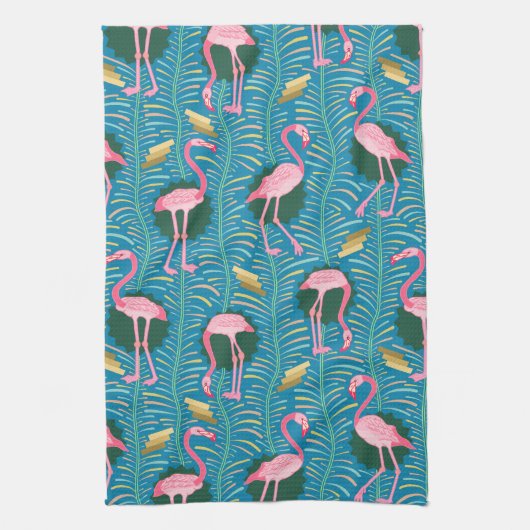 Flamingo Birds 20s Deco Ferns Pattern Blue Gold Theedoek (Verticaal)
