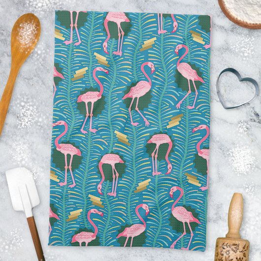 Flamingo Birds 20s Deco Ferns Pattern Blue Gold Theedoek