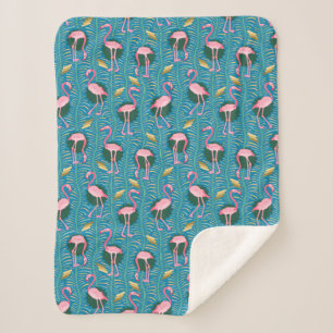 Flamingo Birds 20s Deco Ferns Pattern Pink Blauwgr Sherpa Deken
