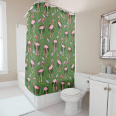 Flamingo Birds 20s Deco Green Ferns Tropical Retro Douchegordijn (In situ)