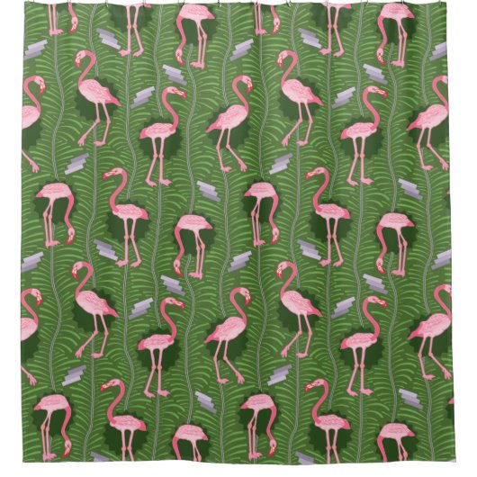 Flamingo Birds 20s Deco Green Ferns Tropical Retro Douchegordijn (Voorkant)