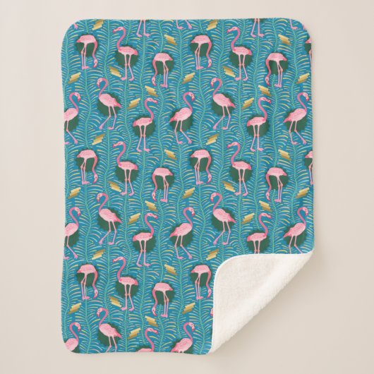 Flamingo Birds 20s Deco Varens Patroon Roze Blauwg Sherpa Deken (Voorkant)