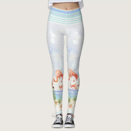 Flamingo Birds Ocean Beach Seashell Striped Art Leggings