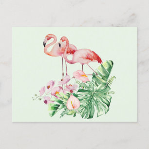 Flamingo Birds, Tropical Flowers and Leaves Briefkaart