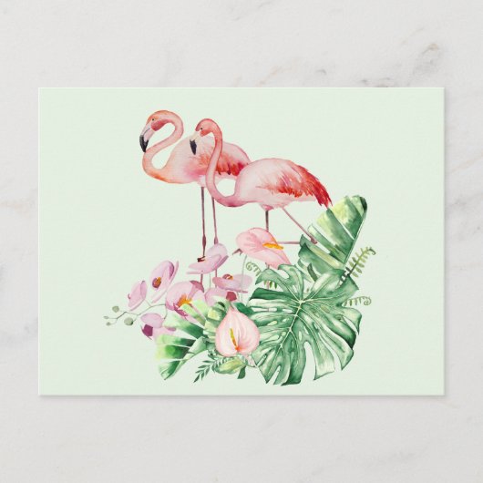 Flamingo Birds, Tropical Flowers and Leaves Briefkaart (Voorkant)