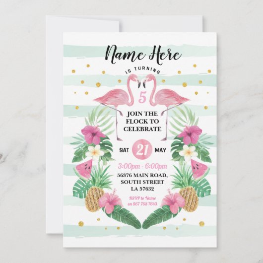 Flamingo Birthday Flock Pink Birthday Party Invite Kaart (Voorkant)