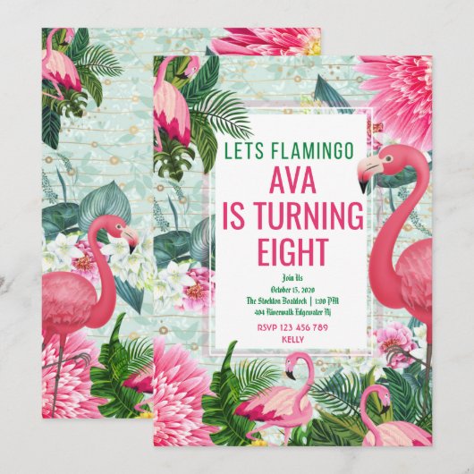 Flamingo Birthday Invitation Kaart (Voorkant / Achterkant)
