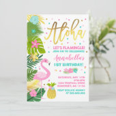 Flamingo Birthday Invitation Topical Luau Party Kaart (Staand voorkant)