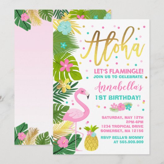 Flamingo Birthday Invitation Topical Luau Party Kaart (Voorkant / Achterkant)