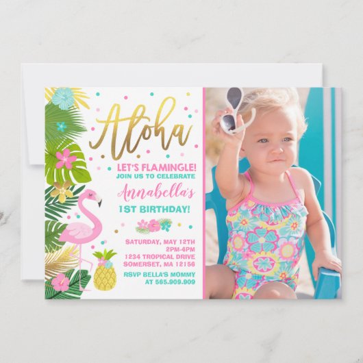 Flamingo Birthday Invitation Topical Luau Party Kaart (Voorkant)