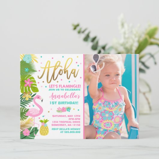 Flamingo Birthday Invitation Topical Luau Party Kaart (Staand voorkant)