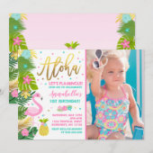Flamingo Birthday Invitation Topical Luau Party Kaart (Voorkant / Achterkant)