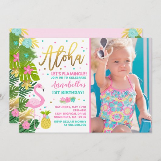 Flamingo Birthday Invitation Topical Luau Party Kaart (Voorkant / Achterkant)