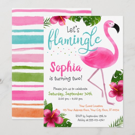 Flamingo Birthday Invitation Tropical Summer Girl Kaart (Voorkant / Achterkant)