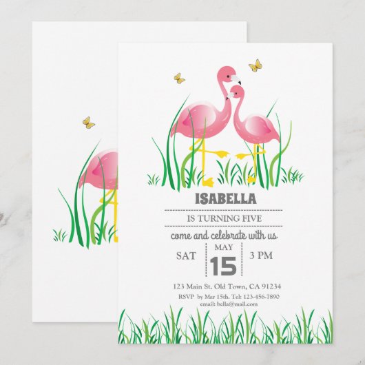 Flamingo Birthday Invite Kaart (Voorkant / Achterkant)