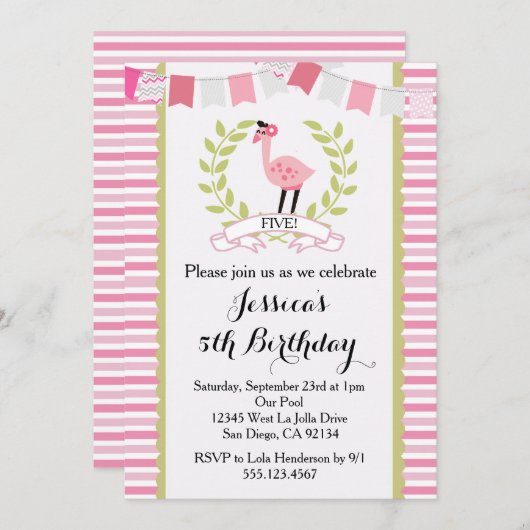 Flamingo Birthday Party Invitation Kaart (Voorkant / Achterkant)