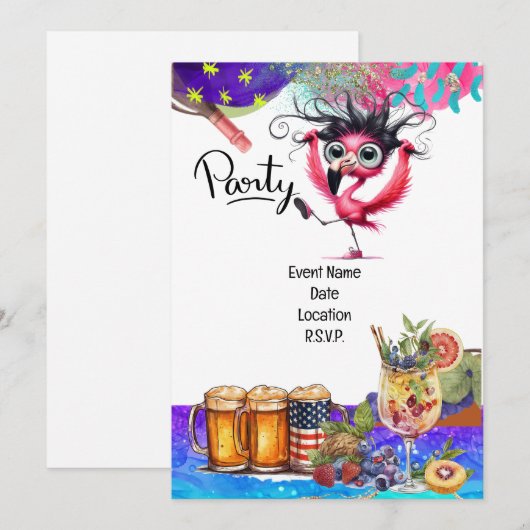 Flamingo Birthday Party Kaart (Voorkant / Achterkant)