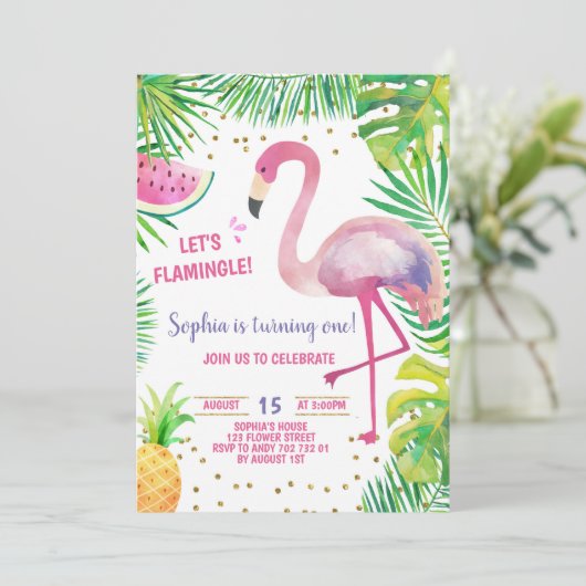 Flamingo Birthday Party Tropical Girl Pool Party Kaart (Staand voorkant)