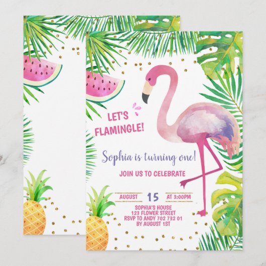 Flamingo Birthday Party Tropical Girl Pool Party Kaart (Voorkant / Achterkant)
