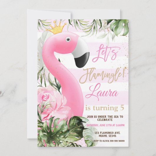 Flamingo Birthday Pool Party Invitation, Laten we Kaart (Voorkant)