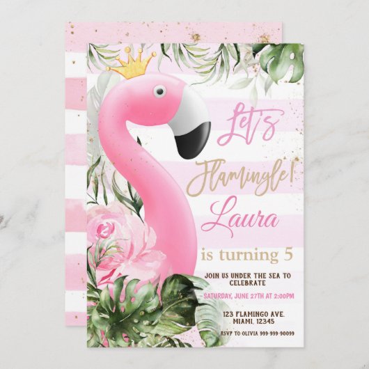 Flamingo Birthday Pool Party Invitation, Laten we Kaart (Voorkant / Achterkant)