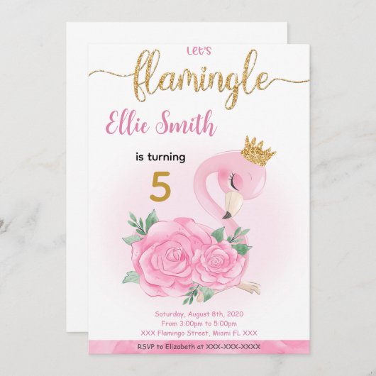 Flamingo Birthday Uitnodiging (Voorkant / Achterkant)