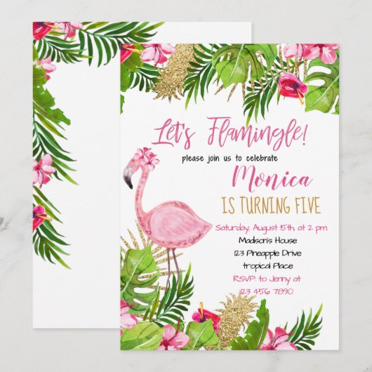 Flamingo Birthday Uitnodiging (Voorkant / Achterkant)
