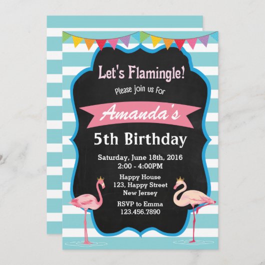 Flamingo Birthday Uitnodiging (Voorkant / Achterkant)