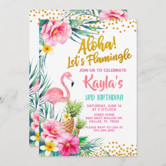 Flamingo Birthday Uitnodiging (Voorkant / Achterkant)