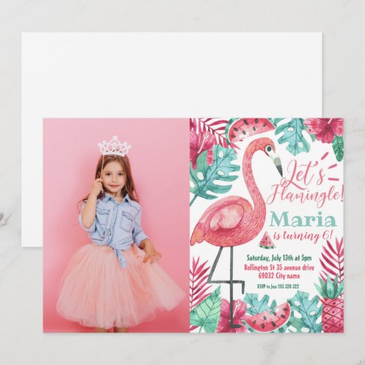 Flamingo Birthday-uitnodiging Foto Flamingo  Kaart (Voorkant / Achterkant)