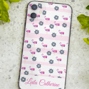 Flamingo & blauw bloemenpatroon wit roze gestreept Case-Mate iPhone case