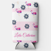 Flamingo & blauw bloemenpatroon witte roze strepen seltzer blikjeskoeler (Voorkant)